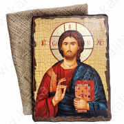 Икона на деревянном бруске с подвесом "Иисус" 17/23/3 см в джутовом мешке