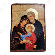 Икона на деревянном бруске с подвесом "Святое семейство" 17/23/3 см в джутовом мешке