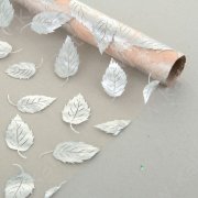 Органза с серебряным рисунком "Листья" бежевая 48 см х 4,5 м