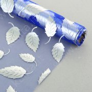 Органза с серебряным рисунком "Листья" синяя 48 см х 4,5 м
