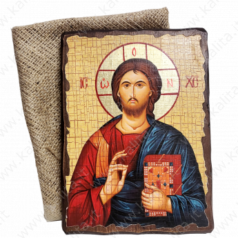 Икона на деревянном бруске с подвесом "Иисус" 17/23/3 см в джутовом мешке