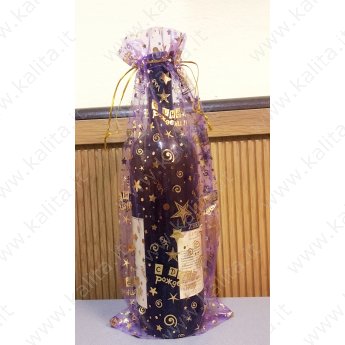 Мешочек из органзы под бутылку "С днем рождения" фиолетовый 15*35 см