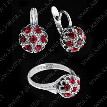 Гарнитур 2 "Малинка" предмета: серьги, кольцо , размер 18, красно-белый в чернёном серебре