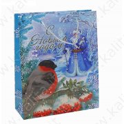 Пакет ламинированный с блестками "Снегирь с Дедом Морозом" 10 × 26 × 32 см.