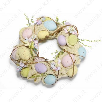 Ghirlanda decorativa di Pasqua con uova, fiori e juta 31,5 cm