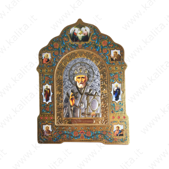 Icona di San Nicola Taumaturgo in Legno con Supporto e Foro, 17x25 cm