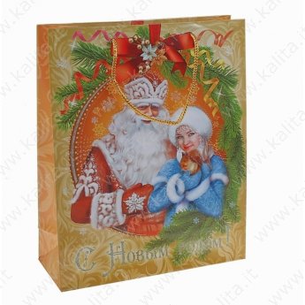 Пакет ламинированный с блестками "Дед Мороз со снегурочкой" 10 × 26 × 32 см.