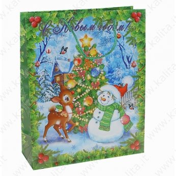 Пакет ламинированный с блестками "Снеговик с олененком" 10 × 26 × 32 см.